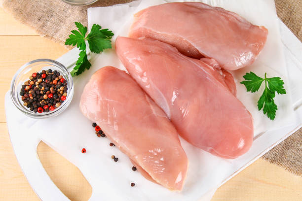 istock raw chicken fillets on wooden cutting board. 956163042
