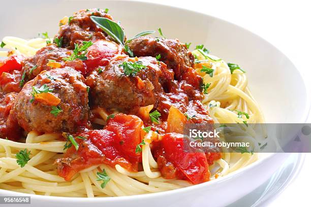 Spaghetti And Meatballs Served On White Plate Stock Photo - Download Image Now - Beef, Bowl, Color Image