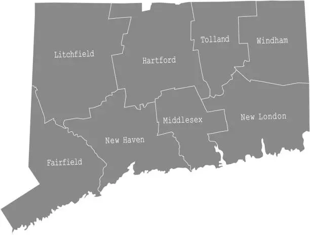 Vector illustration of Connecticut state of USA county map vector outlines illustration with counties names labeled in gray background. Highly detailed county map of Connecticut state of United States of America