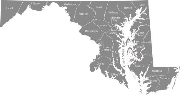 Maryland state of USA county map vector outlines illustration with counties names labeled in gray background. Highly detailed county map of Maryland state of United States of America Maryland state of USA county map vector outlines illustration with counties names labeled in gray background. Highly detailed county map of Maryland state of United States of America maryland us state stock illustrations