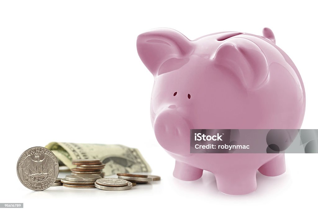 Piggy Bank com dinheiro - Foto de stock de Branco royalty-free