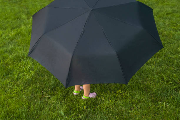 istock Kid hiding under big umbrella on green grass 956168158