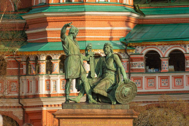 The Monument to Minin and Pozharsky is a bronze statue on Red Square in Moscow, Russia, in front of Saint Basil's Cathedral. The statue commemorates Prince Dmitry Pozharsky and Kuzma Minin, who gathered an all-Russian volunteer army and expelled the forces of the Polish-Lithuanian Commonwealth under the command of King Sigismund III of Poland from Moscow, thus putting an end to the Time of Troubles in 1612. The monument was conceived by the Free Society of Lovers of Literature, Science, and the Arts to commemorate the 200th anniversary of those events.