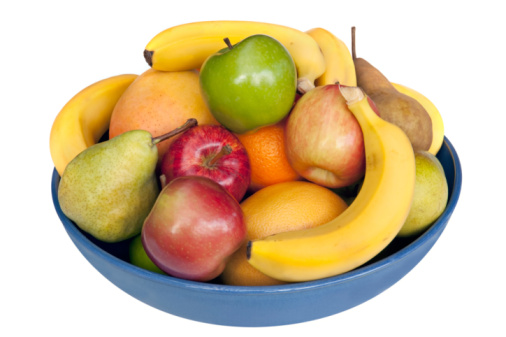 Blue bowl of fresh fruit, isolated on white.  Includes bananas, mango, pears, apples, oranges, grapefruit and mandarins.  More fruits and vegetables: