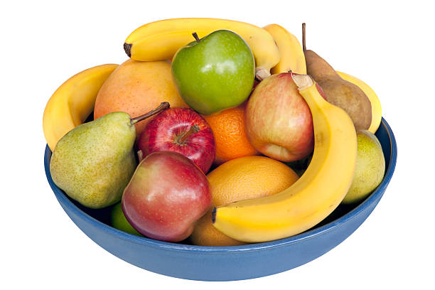 A bowl filled with different fruit Blue bowl of fresh fruit, isolated on white.  Includes bananas, mango, pears, apples, oranges, grapefruit and mandarins.  More fruits and vegetables: fruit bowl stock pictures, royalty-free photos & images