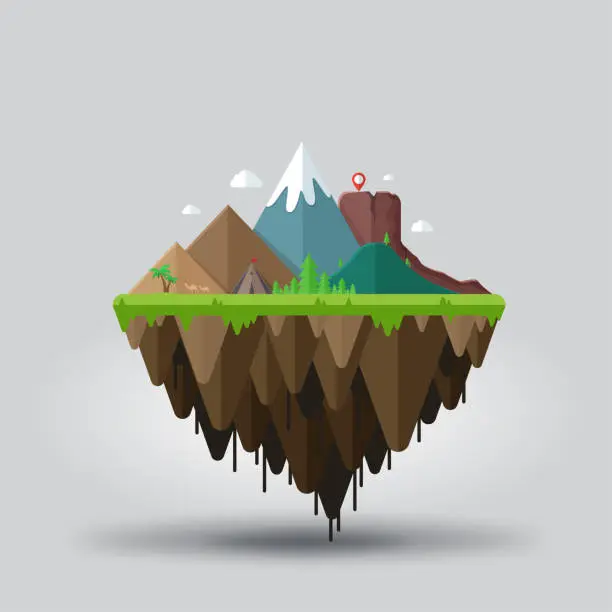 Vector illustration of Floating island, adventure tourism. Travel and tourism