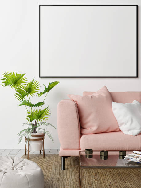 istock Mock up poster with  rose sofa, hipster's living roomse 956180016
