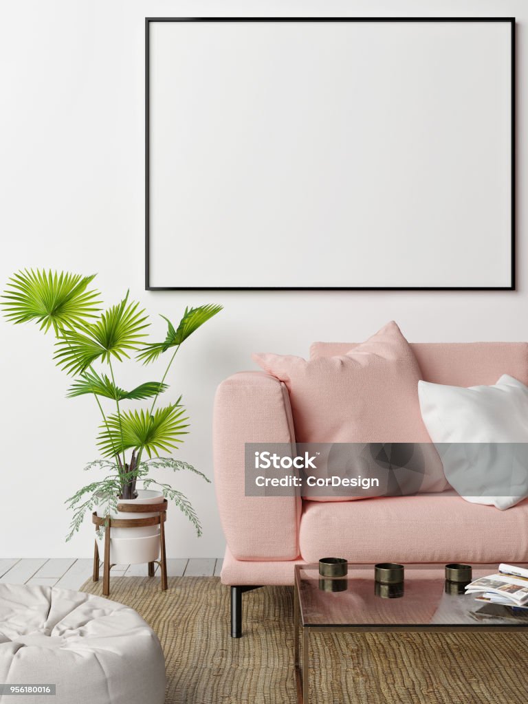 Mock up poster with  rose sofa, hipster's living roomse Mock up poster with  rose sofa, hipster's living room, 3d render, 3d illustration Template Stock Photo