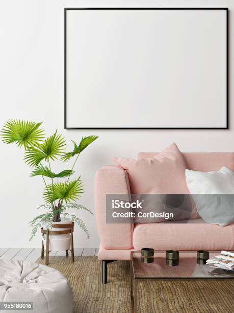 Mock Up Poster With Rose Sofa Hipsters Living Roomse Stock Photo - Download Image Now