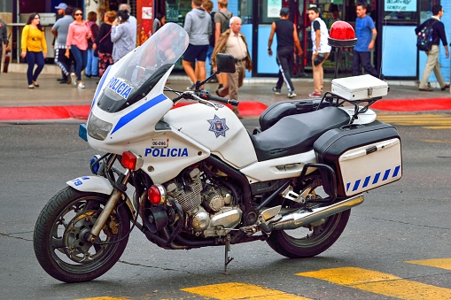 Tijuana, Mexico - October 20, 2017: Yamaha 900cc motorcycle in Mexican police livery parked in road