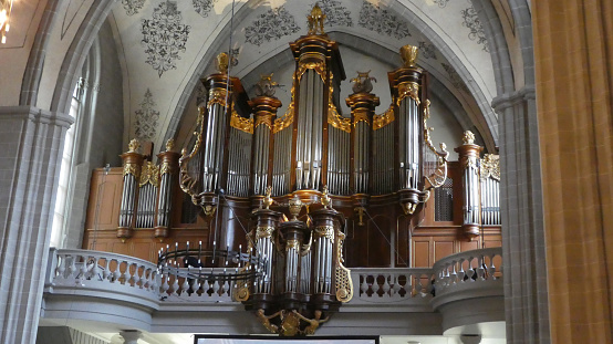 Interior view of organ of Eglise St-François or church of St Francis in Lausanne Switzerland