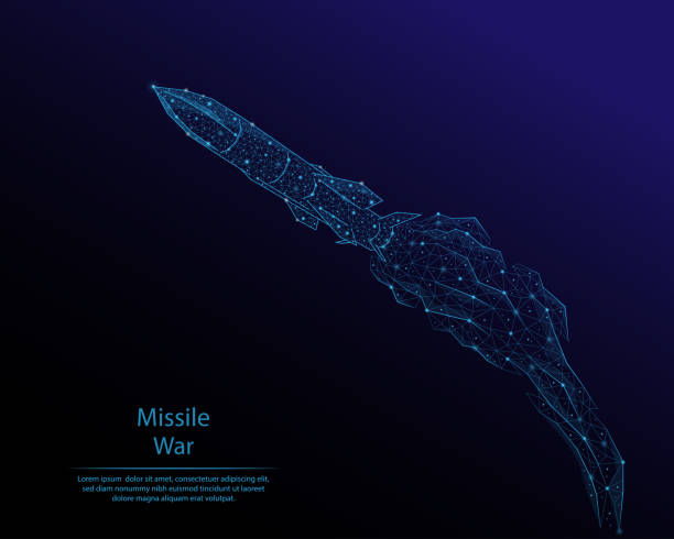 abstraktes bild von fliegenden rakete in form von einer konstellation. bestehend aus strichen und punkten. low-poly-vektor. - missile stock-grafiken, -clipart, -cartoons und -symbole