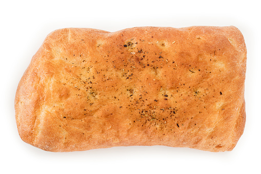 Italian focaccia bread with herbs top view. Isolated on white, clipping path included
