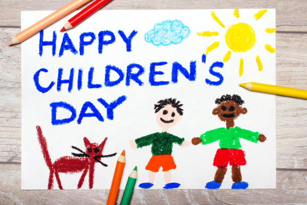 dessin coloré : carte de fête pour enfants - jour des enfants photos et images de collection