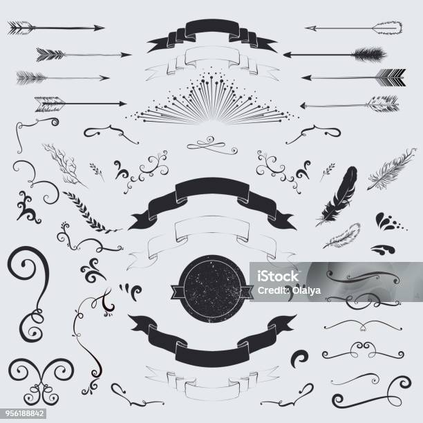 Decorative Elements Set Arrows Laurel Feathers Ribbons And Labels Stock Illustration - Download Image Now
