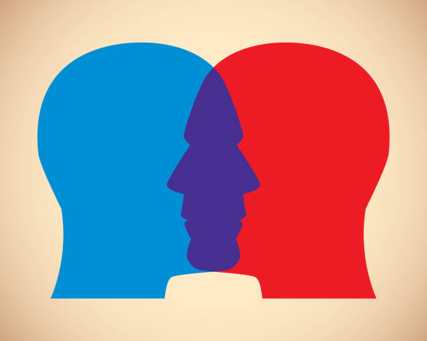 Men Faces Overlapping Vector illustration of two men's red and blue overlapping faces against a tan background. gop debate stock illustrations