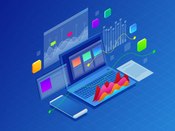 istock Concept business strategy. Illustration of data financial graphs or diagrams, information data statistic. Laptop and infographics isometric vector illustration on ultraviolet background 956196676