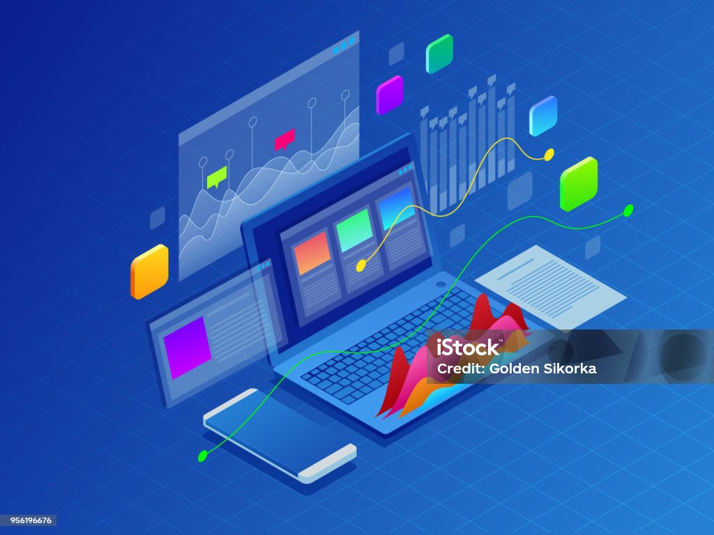 Concept business strategy. Illustration of data financial graphs or diagrams, information data statistic. Laptop and infographics isometric vector illustration on ultraviolet background Concept business strategy. Illustration of data financial graphs or diagrams, information data statistic. Laptop and infographics isometric vector illustration on ultraviolet background. Data stock vector