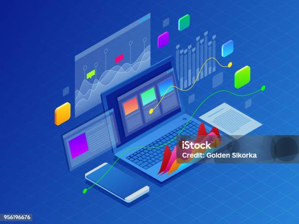 Concept Business Strategy Illustration Of Data Financial Graphs Or Diagrams Information Data Statistic Laptop And Infographics Isometric Vector Illustration On Ultraviolet Background Stock Illustration - Download Image Now