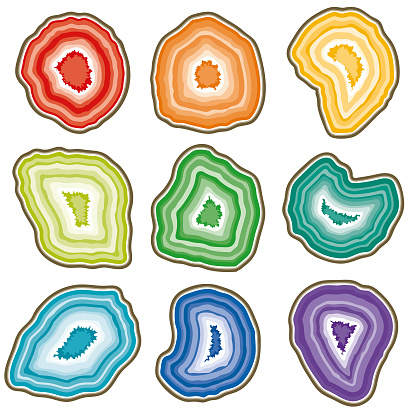 A set of rainbow colored geode crystals. Vector file is built in CMYK for optimal printing and can easily be converted to RGB. Colors are Global swatches to make changing colors quick and easy.