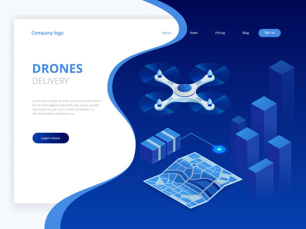 izometryczny dron szybka dostawa towarów w mieście. koncepcja innowacji w zakresie przesyłek technologicznych. autonomiczna logistyka szablon do prezentacji, projektowania raportów, strony internetowej. - helicopter air vehicle business cargo container stock illustrations