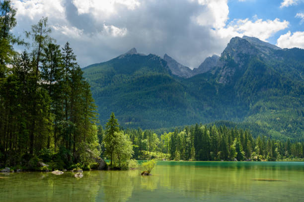 istock Still lake green waters against forest and mountains 956200134