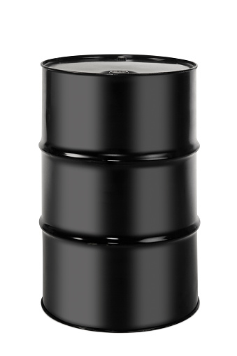 A black 55 gallon drum used for storing industrial products such as oil isolated on a white background.