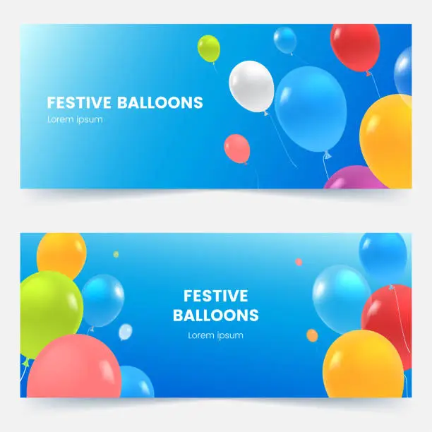 Vector illustration of Festive banners with colorful balloons on blue sky. Multicolored flying balloons background. Grand opening, birthday or wedding invitation concept. Vector illustration.