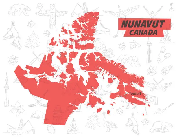 Vector illustration of Province Of Nunavut Canada Over A Pattern Of canadian Themed Doodle Drawings