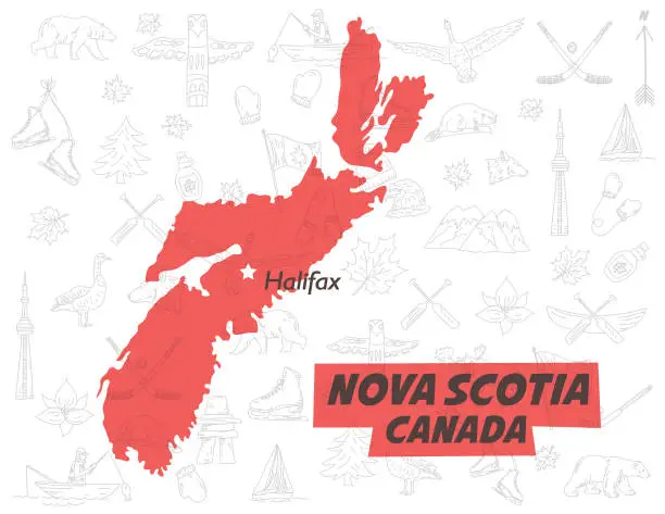 Vector illustration of Province Of Nova Scotia Canada Over A Pattern Of canadian Themed Doodle Drawings