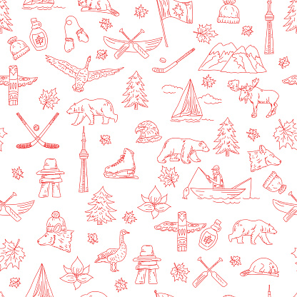 Canadian Themed Doodle Icons Seamless Pattern