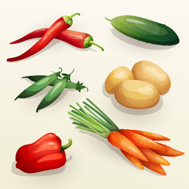 satz von verschiedene frische gemüse, darunter chili und paprika, gurken, grüne erbsen, kartoffeln und karotten. - vegetable bell pepper green bell pepper pepper stock-grafiken, -clipart, -cartoons und -symbole