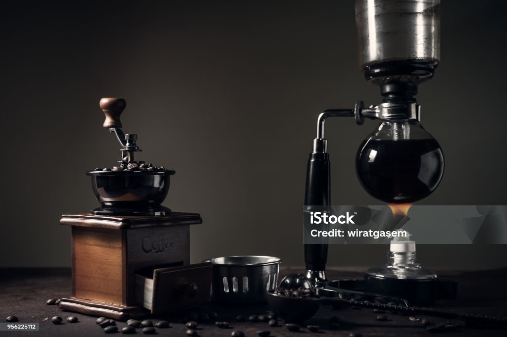 Japanese Siphon Coffee Maker And Coffee Grinder On Old Kitchen Table Stock  Photo - Download Image Now - iStock