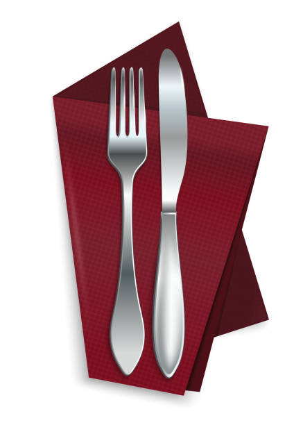빨간 냅킨에 포크와 나이프 - knife table knife kitchen knife white background stock illustrations