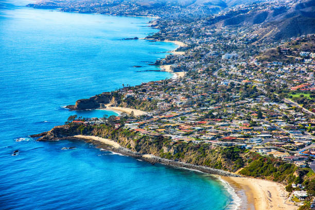 Laguna Beach California Aerial The beautiful community of Laguna Beach in southern Orange County, California shot from an altitude of about 1500 feet. laguna niguel stock pictures, royalty-free photos & images