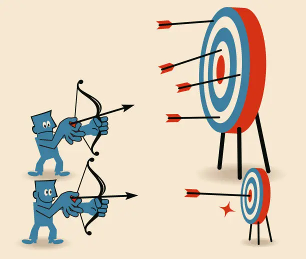 Vector illustration of Archery contest, Businessman aiming at smaller target and shooting on Bull's-Eye of dartboard