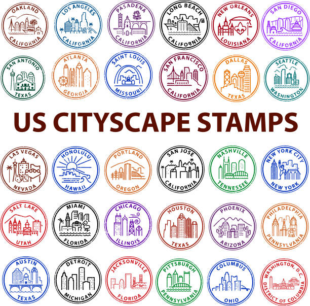 United States Cityscape Stamps US Cityscape Stamps with distress look. High population US cities. san diego stock illustrations