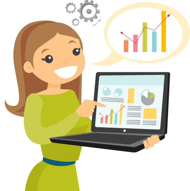 Vector illustration of White woman showing report on the laptop