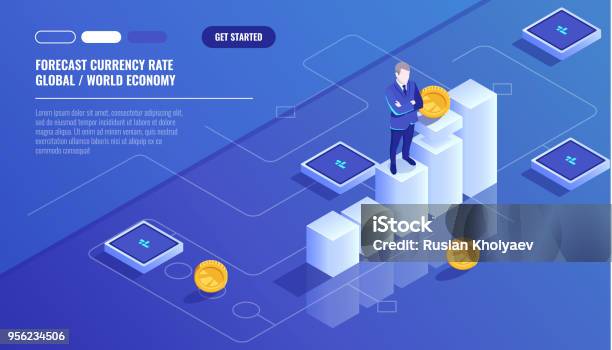 Forecast Currency Rate Businessman Stay On Graphic Chart Business Diagram Investment In Modern Technology Money Management Aacounting Isometric Vector Technology Stock Illustration - Download Image Now