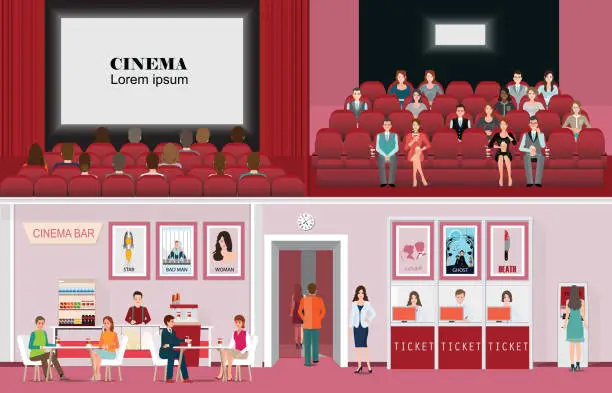 Vector illustration of Cinema banners with purchase ticket cinema hall film and audience.