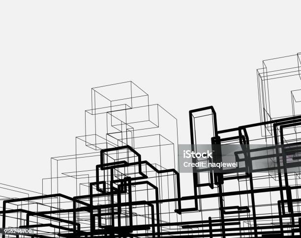 Line Style City Architecture Structure Stock Illustration - Download Image Now - Building Exterior, Model - Object, Three Dimensional