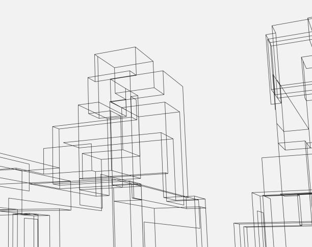 ilustraciones, imágenes clip art, dibujos animados e iconos de stock de estructura de arquitectura de la ciudad de estilo de línea - construction frame technology cube built structure