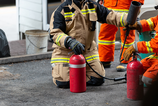 People Fire drills in industrial factories.