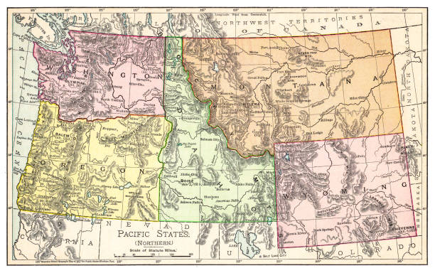 ilustraciones, imágenes clip art, dibujos animados e iconos de stock de mapa de pacífico estados estados unidos 1895 - montana map usa old