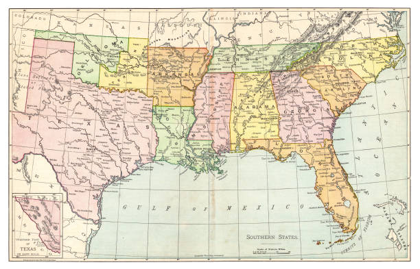 Map of Southern States USA 1895 The Rand-McNally Grammar School Geography 1895 - Chicago & New York alabama map stock illustrations