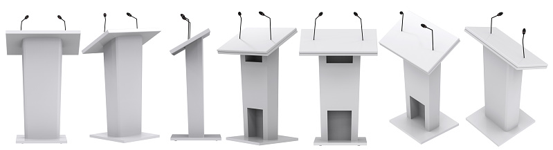3d rendering white podium with microphone isolated on white