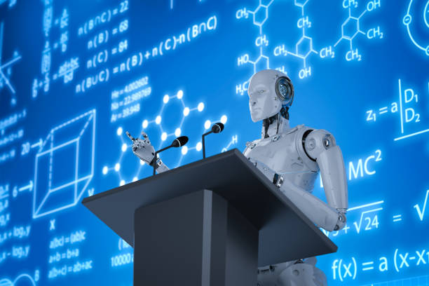 istock 3d rendering robotic lecturer teaching on podium with display monitor 956253112