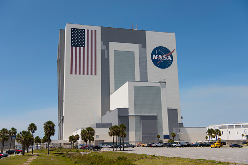 NASA's very large Vehicle Assembly Building at the Kennedy Space Center, Florida, USA.