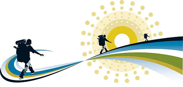 Vector illustration of Exploration. Backpacker walking into the distance.
