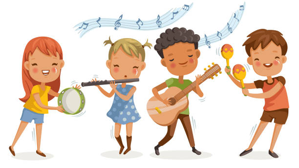 children music Children playing music. boys and girls are happy with the melodies. play music together musical instruments, guitar, flute.  group of elementary school  in a music class. friendship and activities. music education stock illustrations